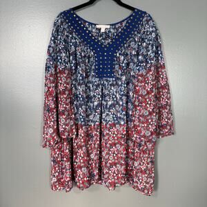 Woman Within Blue & Red Studded Boho Peasant Top - 1X (22/24) - Womens Plus Size